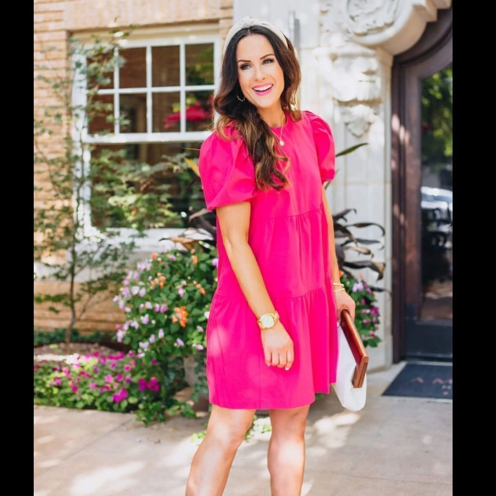 EXPRESS Puff Sleeve Tiered Trapeze Dress Passion Spice Pink A-line size L mini
